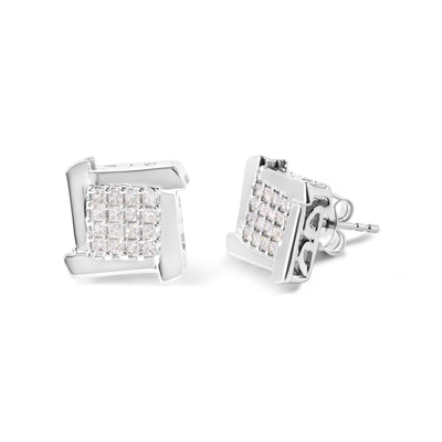10K White Gold 1/2 Cttw Princess Diamond Square and Swirl Stud Earrings