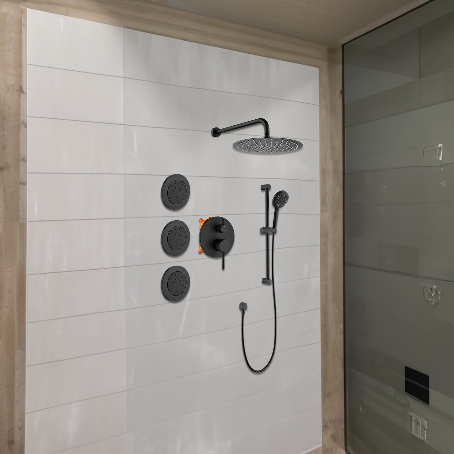 Matte Black Shower System with Hand Shower and Bodysprays