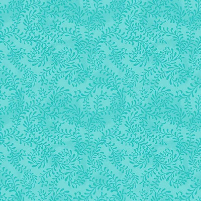 Blue Turquoise Swirling Leaves Cotton Wideback Fabric per Yard