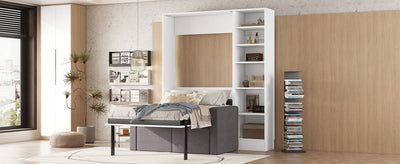 Twin Size Murphy Bed Wall Bed with Sofa and Shelves - White