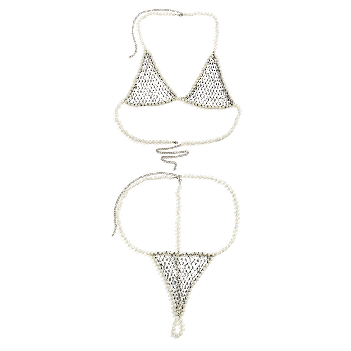Women's sexy and simple imitation pearl woven chest chain set, new creative fishing net waist chain - Korvel
