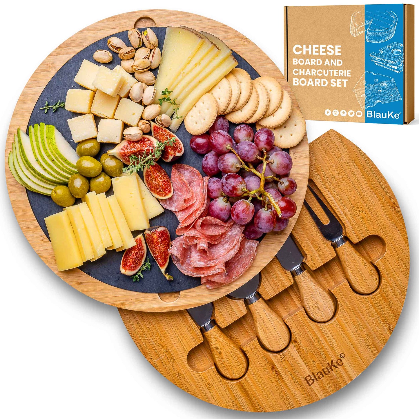 Round Bamboo Cheese Board & Knife Set – 12" Swivel Charcuterie Platter with Removable Slate - Korvel