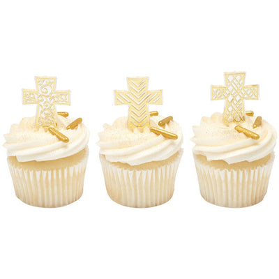 Gold Cross Cake Toppers - Religious Dessert Decorations