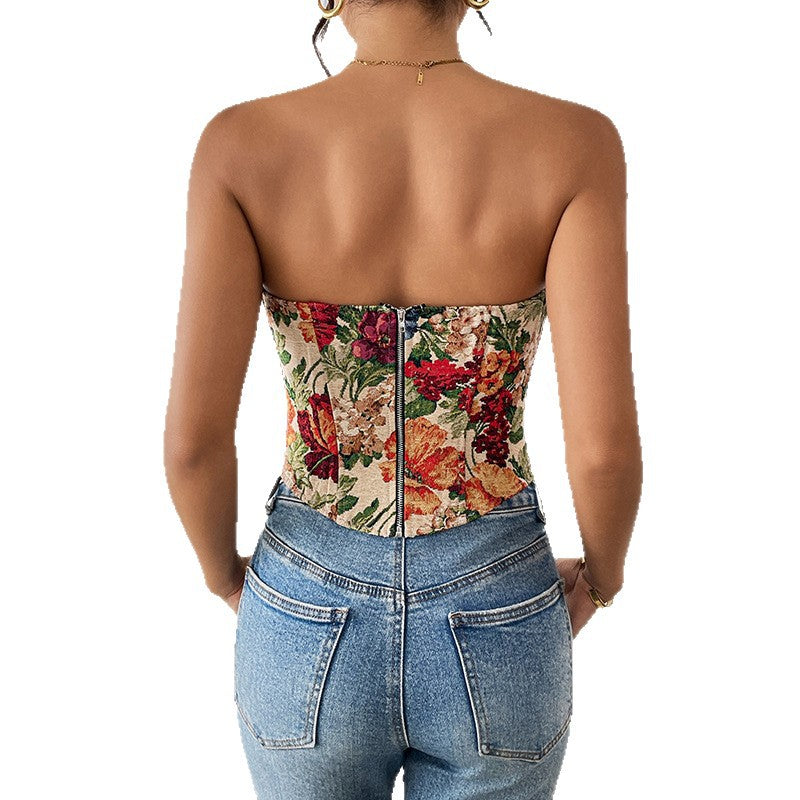 Retro strapless floral print slim fit new lace up chest hugging niche vest - Korvel