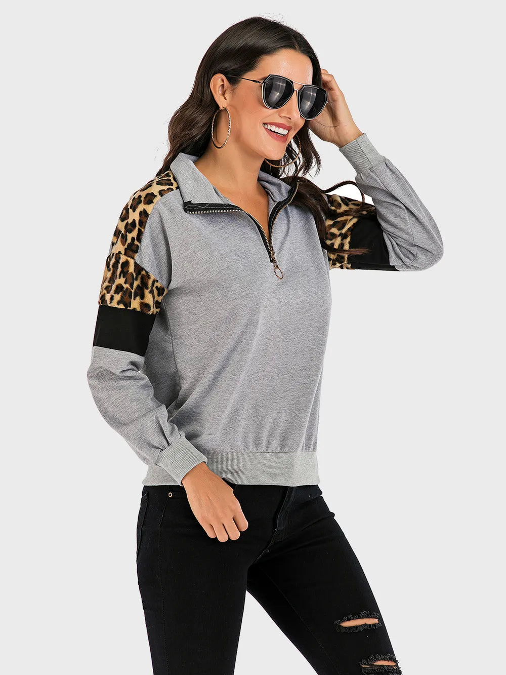 Sudadera de Manga Larga con Media Cremallera y Leopardo en Contraste