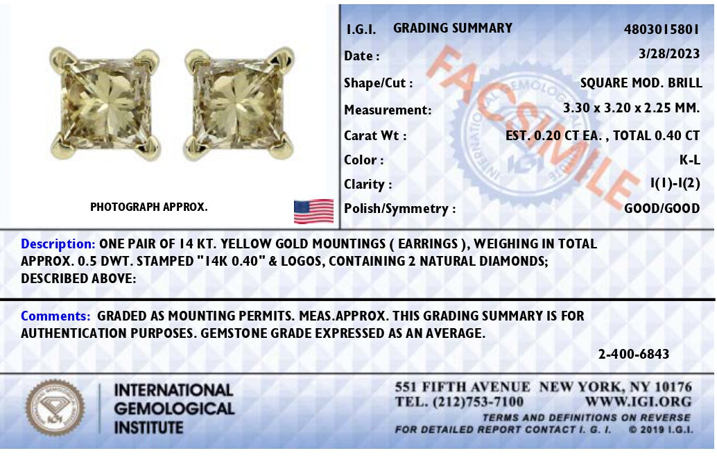 Boucles d'oreilles en diamant taille princesse certifiées IGI 3/8 Cttw en or jaune 14K