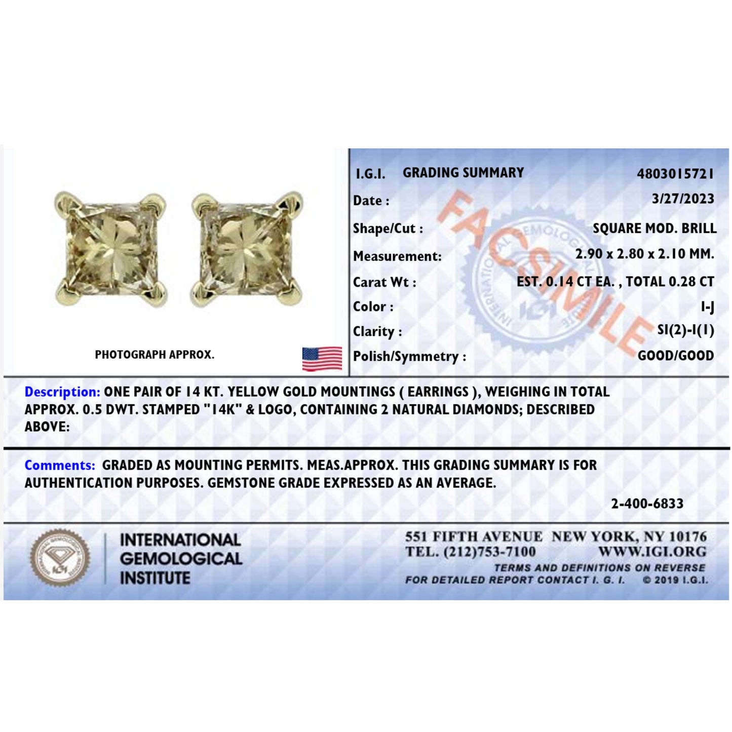 Boucles d'oreilles en diamant taille princesse en or jaune 14K certifiées IGI
