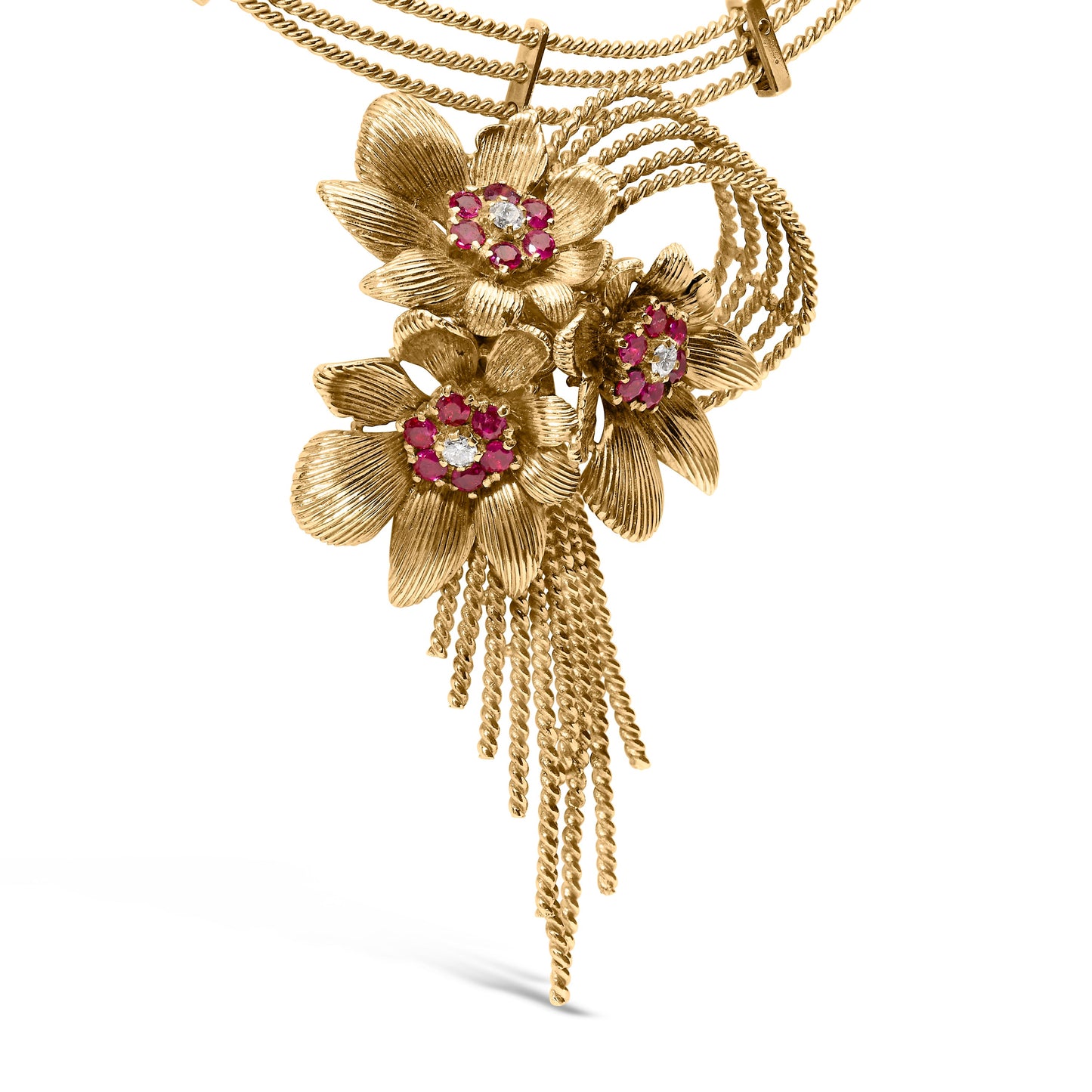 18K Yellow Gold Diamond & Ruby Floral Cascade Necklace