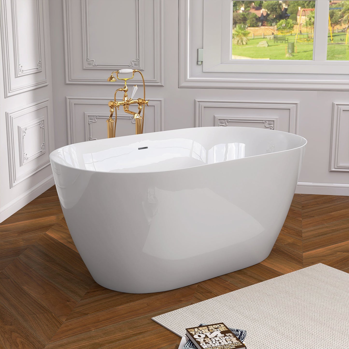 51 Inch Acrylic Freestanding Bathtub Contemporary Soaking White Tub with Overflow and Pop-up Drain Glossy White - Korvel