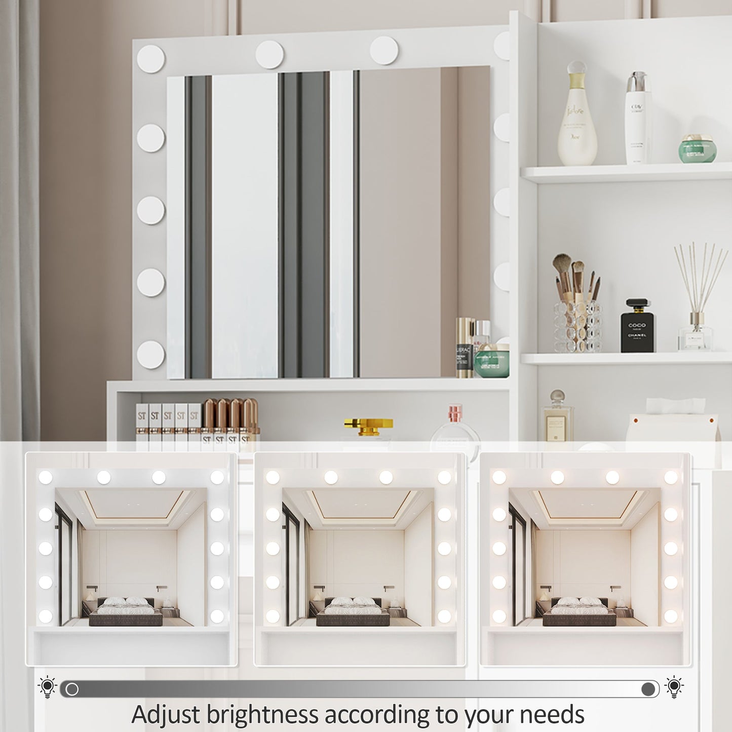 Large drawer with mirror and light, three-layer storage vanity, adjustable brightness for 3 lighting modes (white with stool) - Korvel