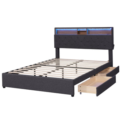 Queen Size Upholstered Platform Bed with Storage & LED, Dark Gray