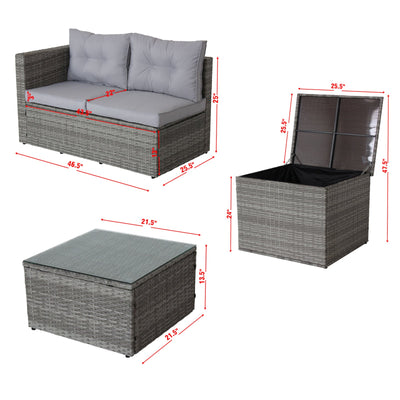 4 Piece Grey Wicker Rattan Outdoor Sectional Sofa Set with Storage Box