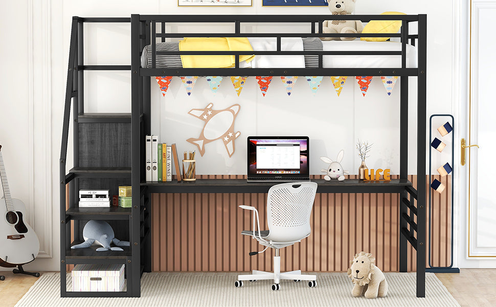 Cama loft de metal de tamaño completo con escritorio y opciones de almacenamiento