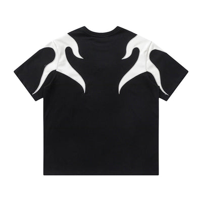 Color Block Applique Embroidery Flame Short Sleeve T-Shirt High Street Design Creative Abstract Casual Tee Men - Korvel