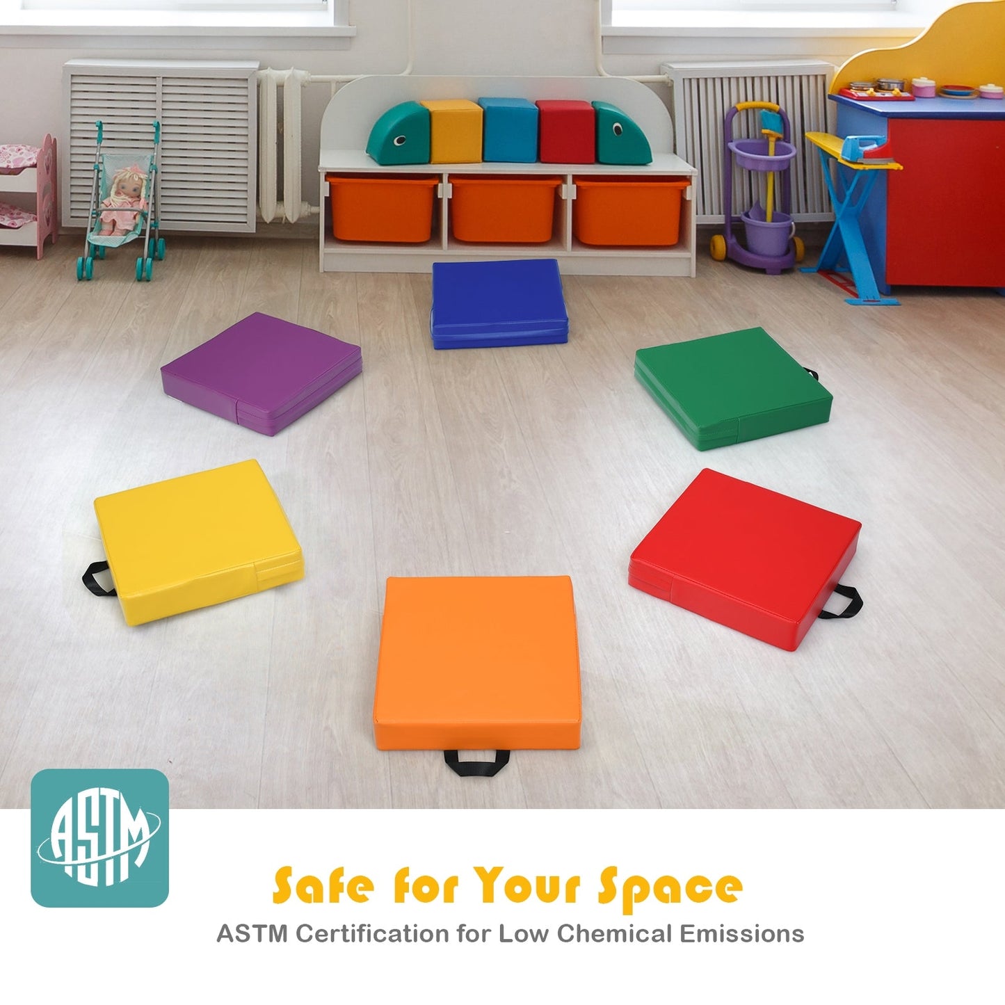 Cojines de Suelo para Niños de 6 Piezas - Asientos de Espuma Suave con Asas