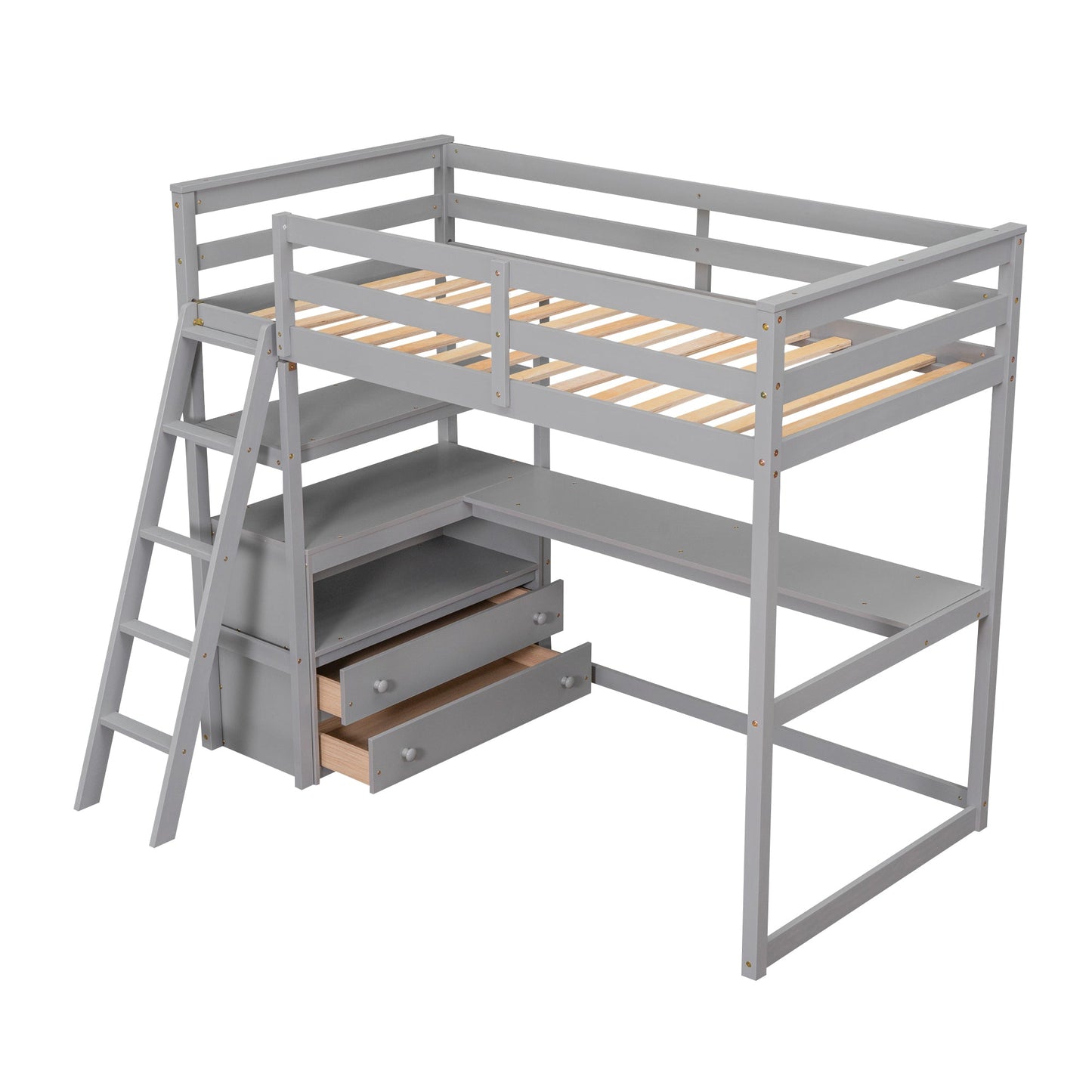 Twin Size Loft Bed with Desk and Shelves, Two Built-in Drawers, Gray - Korvel