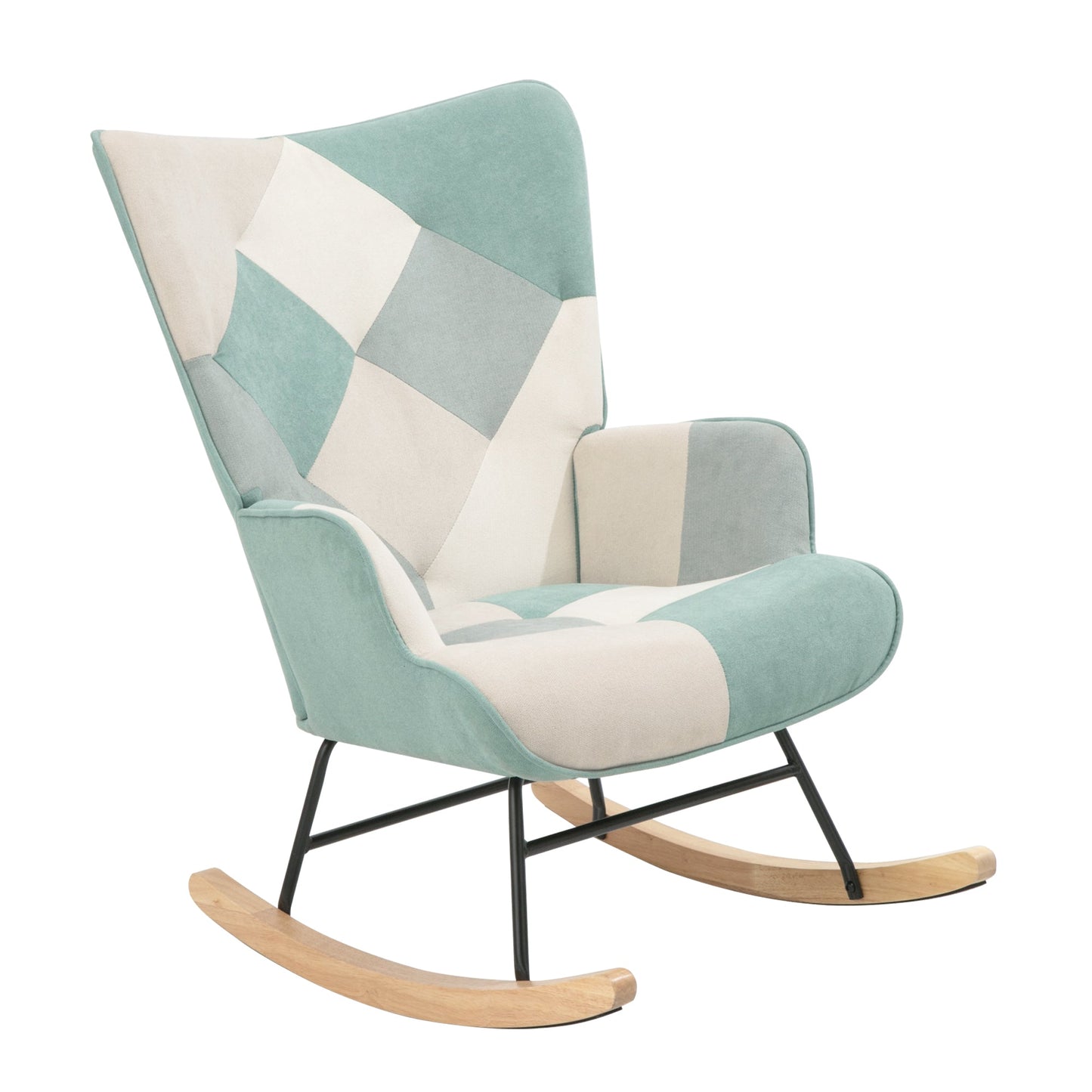 Rocking Chair with ottoman, Mid Century Fabric Rocker Chair with Wood Legs and Patchwork Linen for Livingroom Bedroom - Korvel