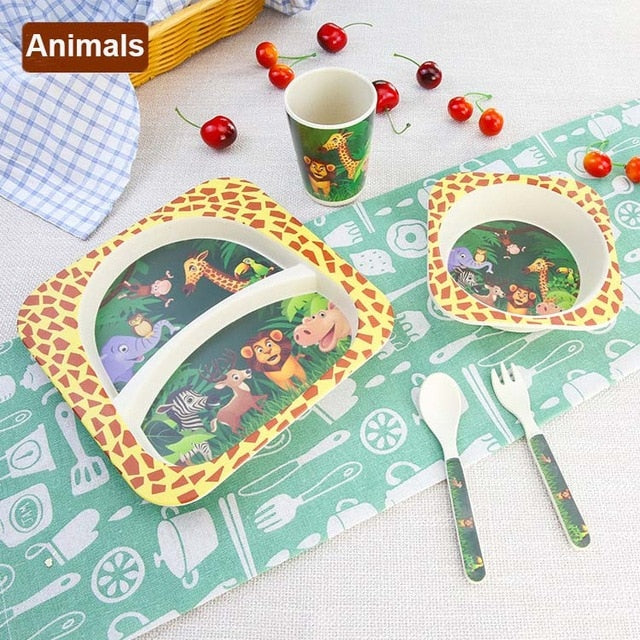 5pcs/set Children Baby Bamboo Fiber Tableware Baby Tableware Set Cartoon Animal Tableware Aet - Korvel