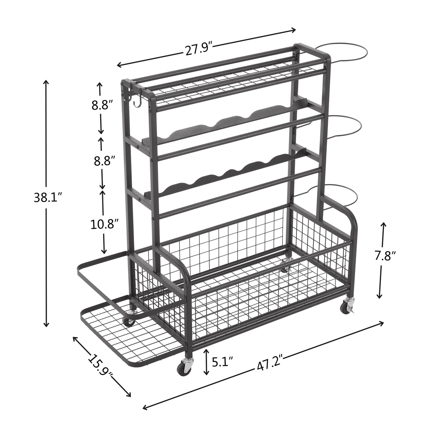 4-Tier Metal Storage Rack with Rolling Wheels and Hooks