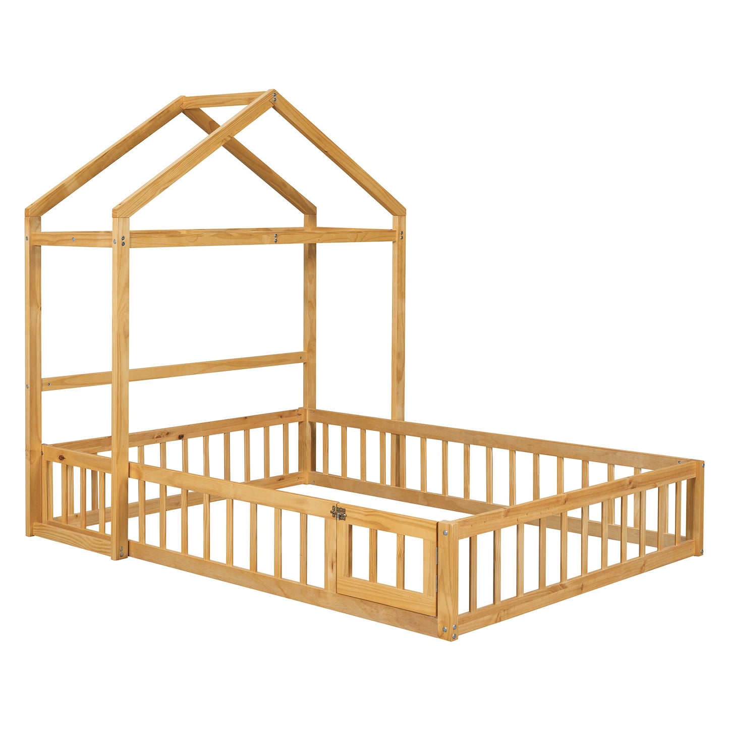 Wooden Full Size Children's Bed with Detachable Headboard and Integrated Clothes Drying Rack, Natural - Korvel