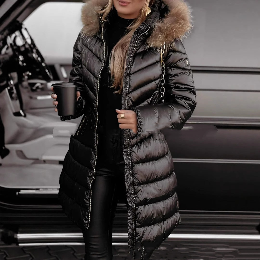 Veste Puffer Élégante Mi-Longue Ajustée avec Col en Fourrure