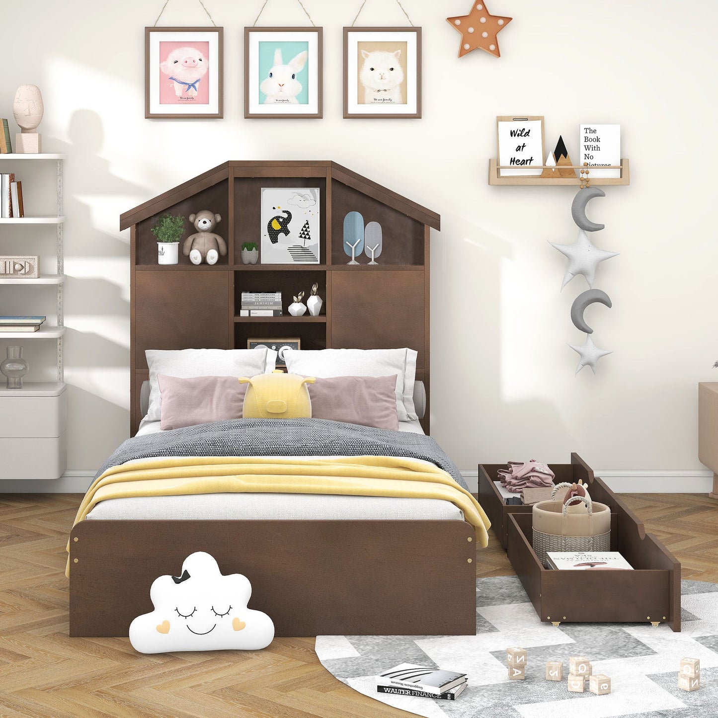 Twin Size Wood Platform Bed with House-shaped Storage Headboard and 2 Drawers Walnut - Korvel