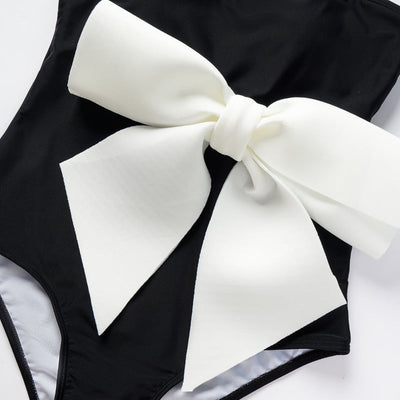 Elegant Black and White One-Piece Swimsuit with Bow Detail