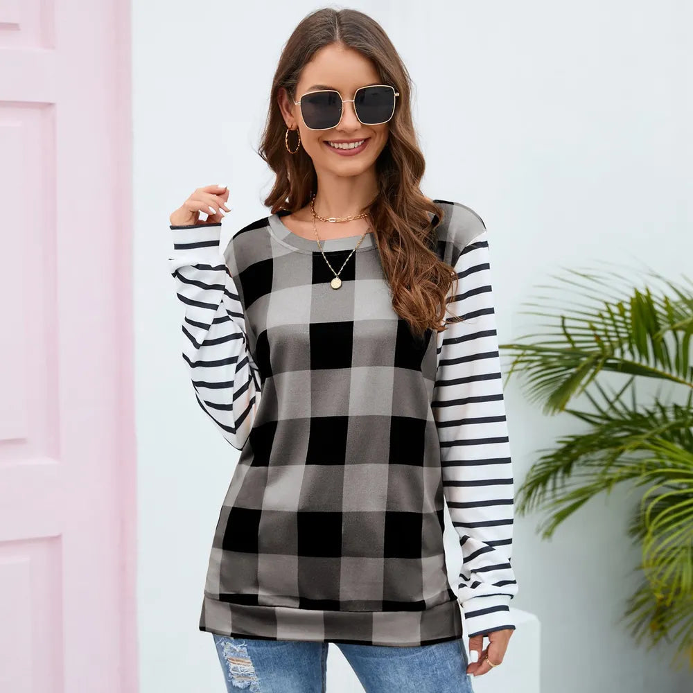 Plaid Striped Round Neck Long Sleeve T-Shirt - Korvel