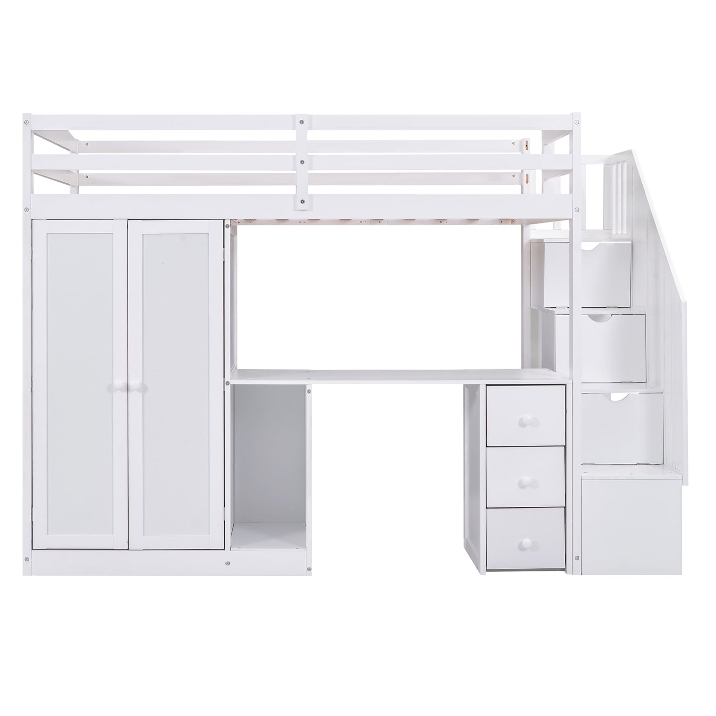 Elegant Twin Size Loft Bed with Wardrobe and Desk in White