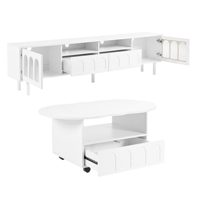 Two sets of ON-TRANS cream style TV stands and coffee tables, suitable for TVs under 80 inches, white - Korvel
