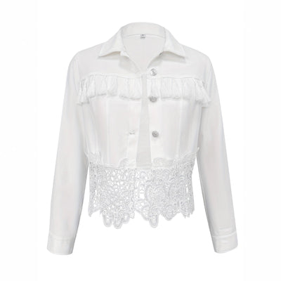 Women's Lapel Hem Hollow-Out Patchwork Tassel Coat