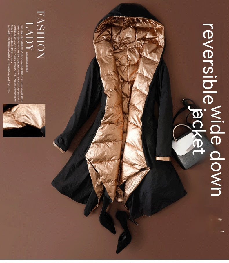 Chaqueta de plumas brillante de longitud media irregular premium para mujeres