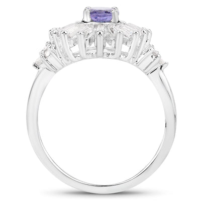 Bague en argent sterling avec tanzanite véritable de 2,01 carats et topaze blanche