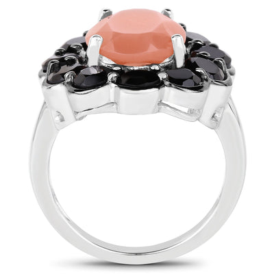 7.88 Carat Genuine Peach Moonstone & Black Spinel Ring