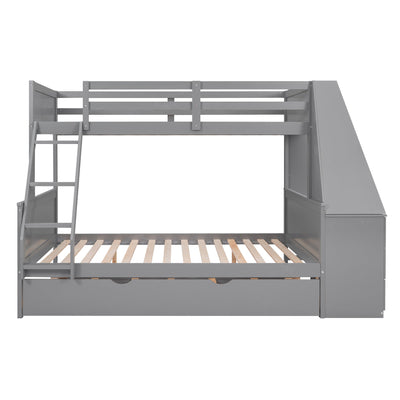 Twin over Full Bunk Bed with Trundle and Desk in Gray