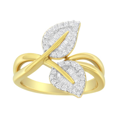 10K Yellow Gold Diamond Leaf Cocktail Ring - Size 7