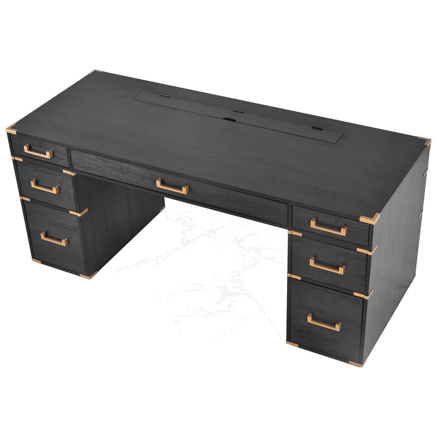70 inch classic and traditional executive desk with metal trim, writing desk with 2 file drawers, USB ports, and sockets, black - Korvel