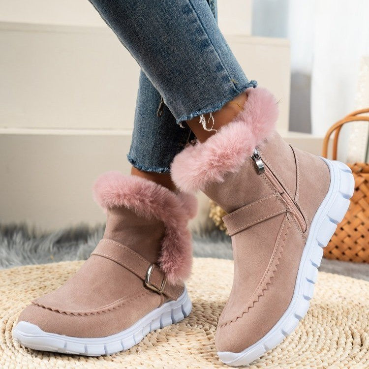 Stylish Plush Ankle Boots with Buckle Design for Women