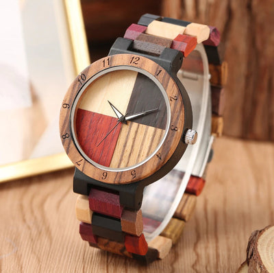 Vintage Wood Pattern Dial Quartz Watch for Men Women Colorful Wooden Bangle Watch Band Stylish Natural Wooden Couple Wristwatch - Korvel