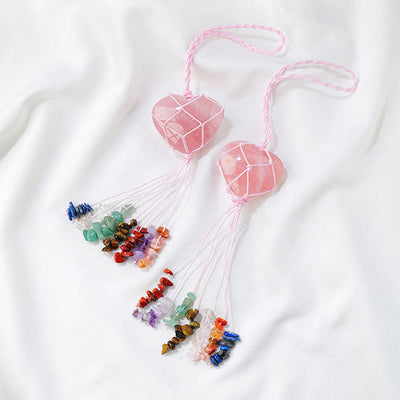 Pink Crystal Love Pendant Pink Crystal Original Stone Heart shaped Peach Heart Colorful Crushed Stone Tassel Pendant - Korvel