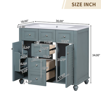 36 "bathroom makeup cabinet with resin sink combination and 2 drawers, with soft closing door, blue color - Korvel