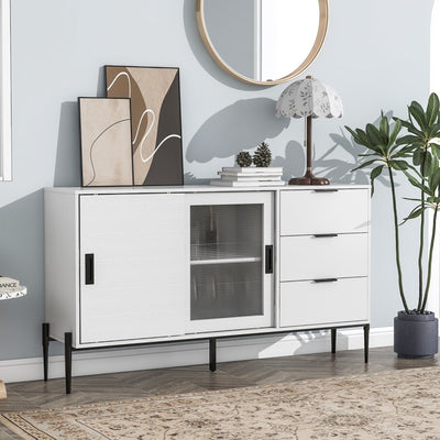 Modern characteristic storage cabinet side panel with glass sliding door and 3 drawers, dining table cabinet in white color - Korvel