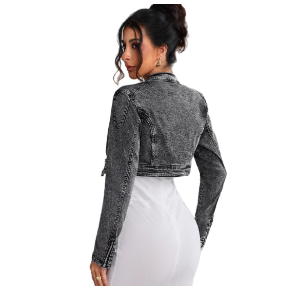 Womens Retro Short Casual Denim Jacket with Zipper