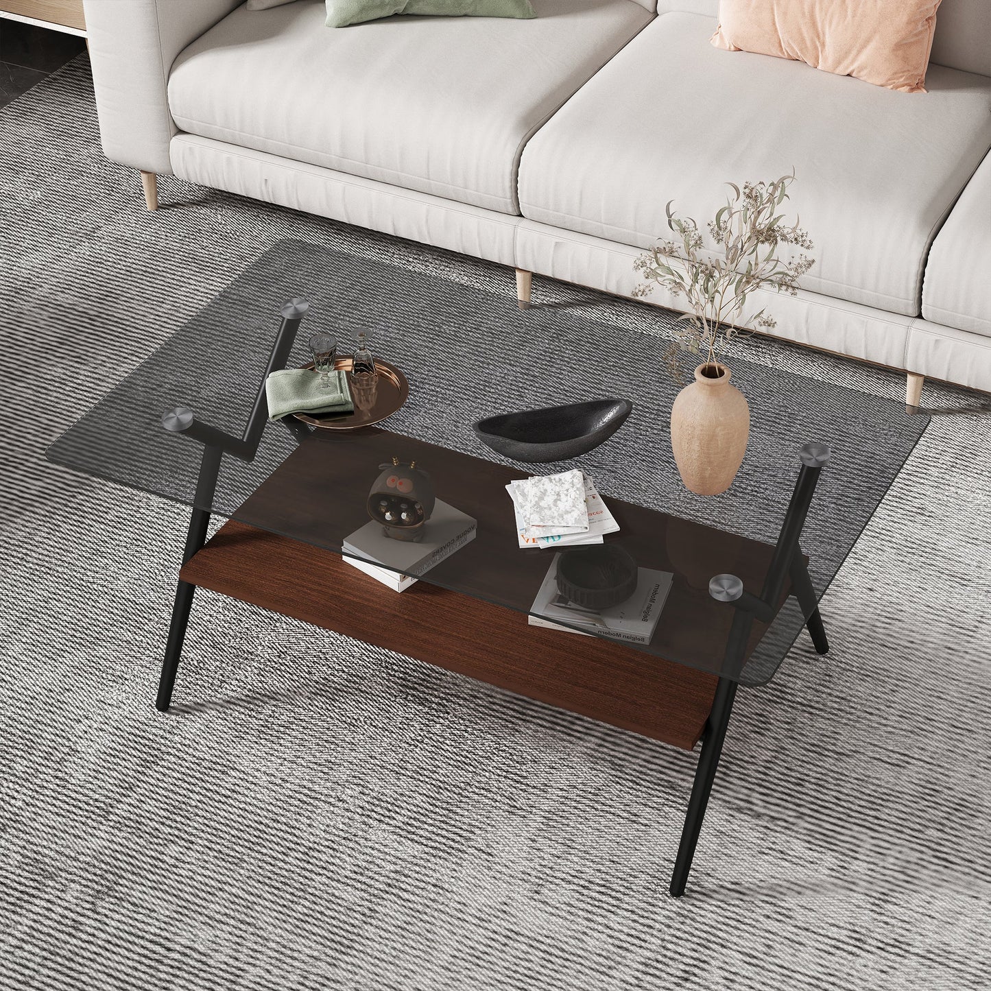 Rectangle Coffee Table with Tempered Glass top and Brown MDF Shelf, Modern Table for Living Room, Gray Glass - Korvel