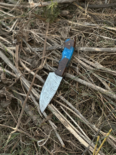 10" Artisan Damascus Steel Gutting Knife with Rosewood or Resin Handle & Leather Sheath - Korvel