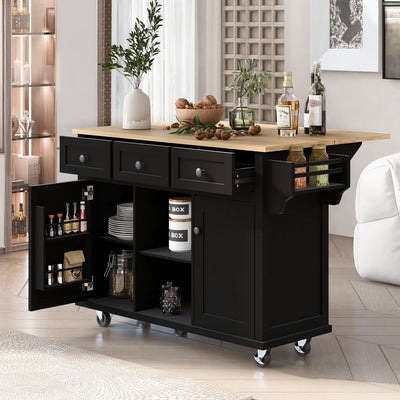Kitchen trolley with rubber wood leaf countertop, 5-wheel kitchen island, storage cabinet and 3 dining drawers, black - Korvel