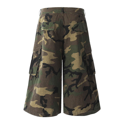 Loose Wide-Leg Camouflage Three-Quarter Pants Men's Summer Work Shorts Pleated Design with Large Pockets - Korvel