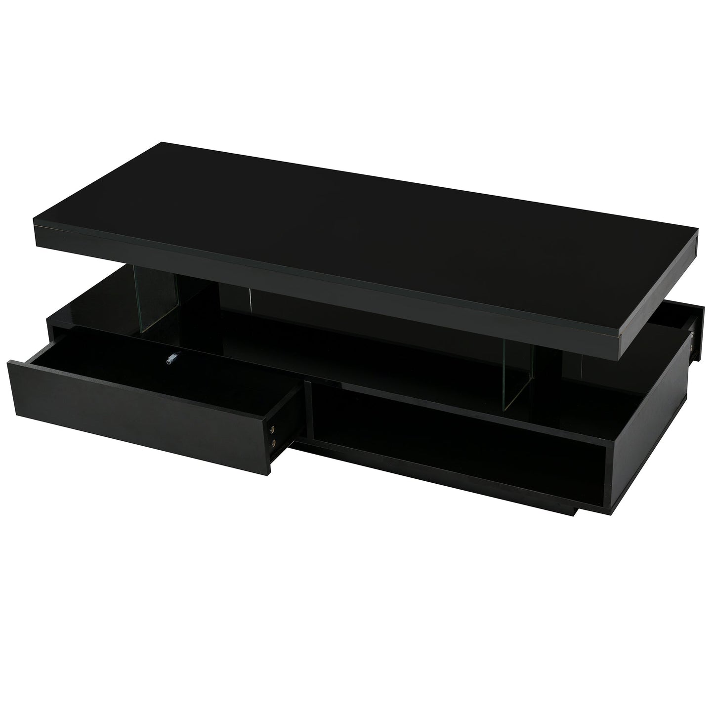 U-Can LED coffee table with storage space, modern central table with 2 drawers and display rack, equipped with LED lights, black - Korvel