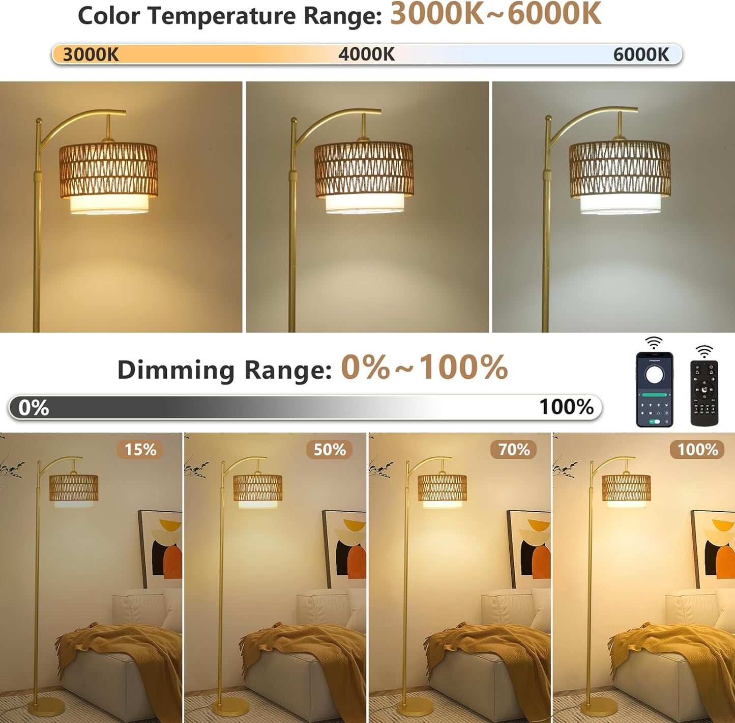 Gold Floor Lamps for Living Room with Remote & Dimmable LED Bulb, Modern Arc Floor Lamp with 3 Color Temperatures - Korvel