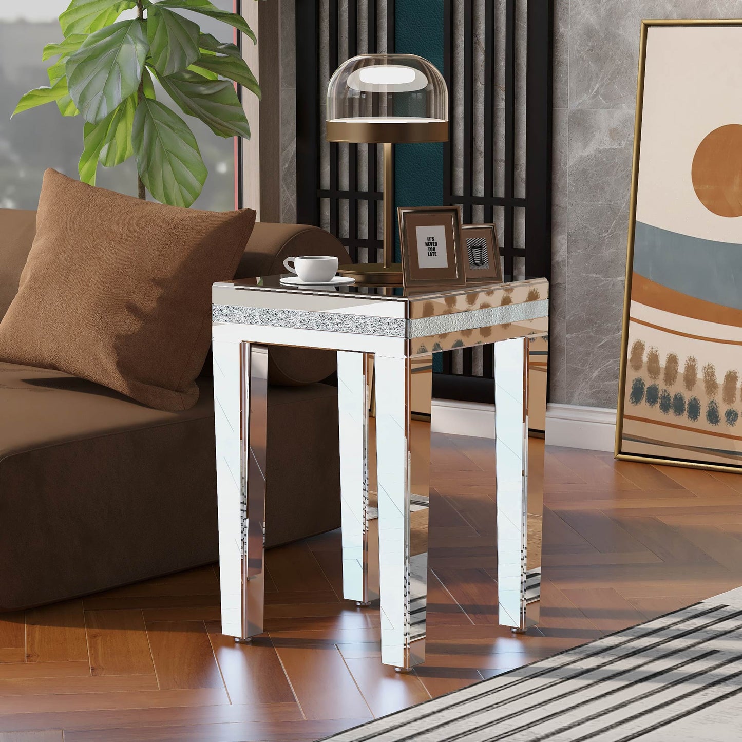ON-TRANS glass mirror edge table, easy to assemble crystal design and adjustable height leg edge table, silver - Korvel